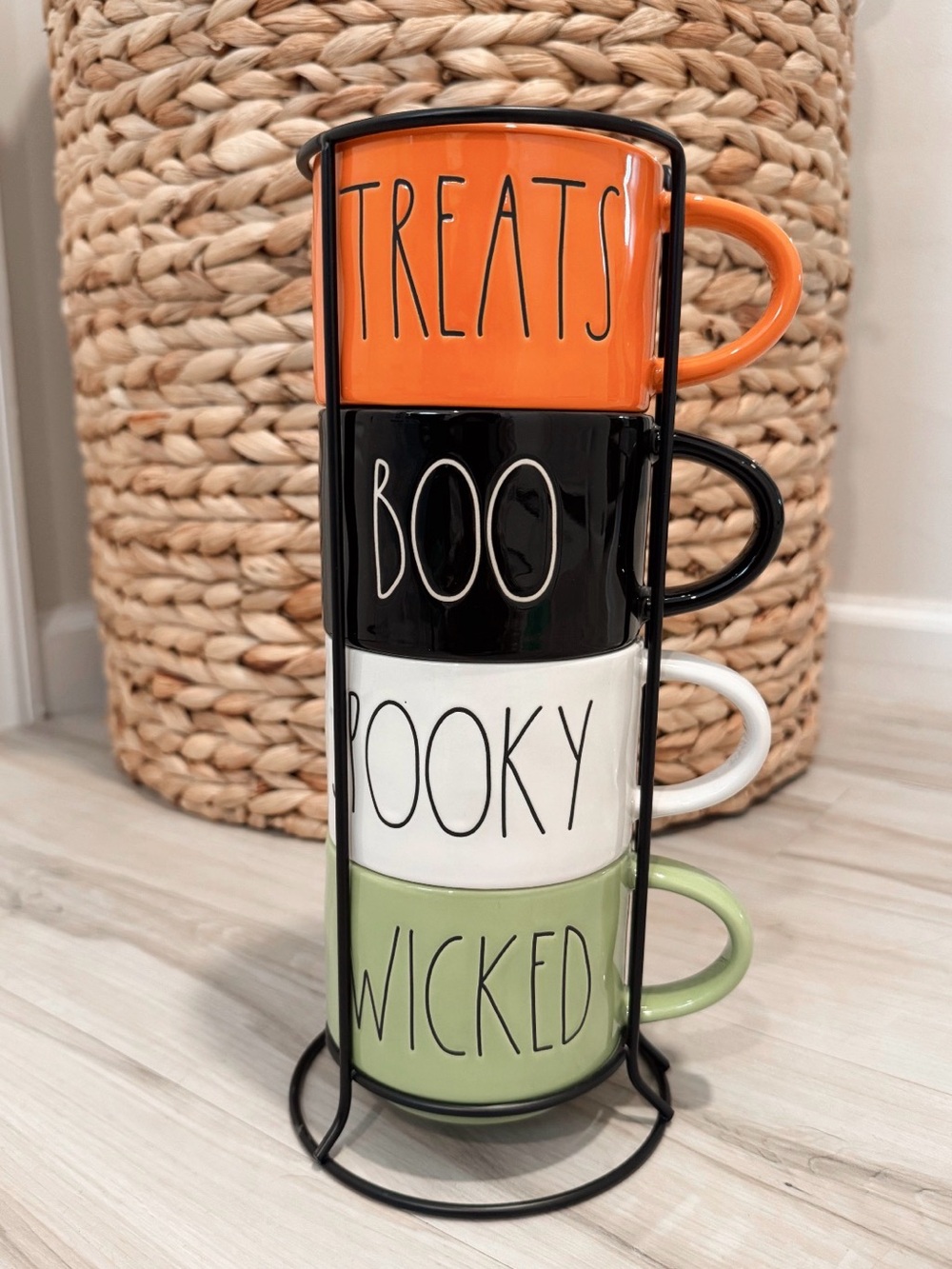 Rae Dunn Stackable Halloween Ceramic Mug Set - Orange, Black, White, Green
